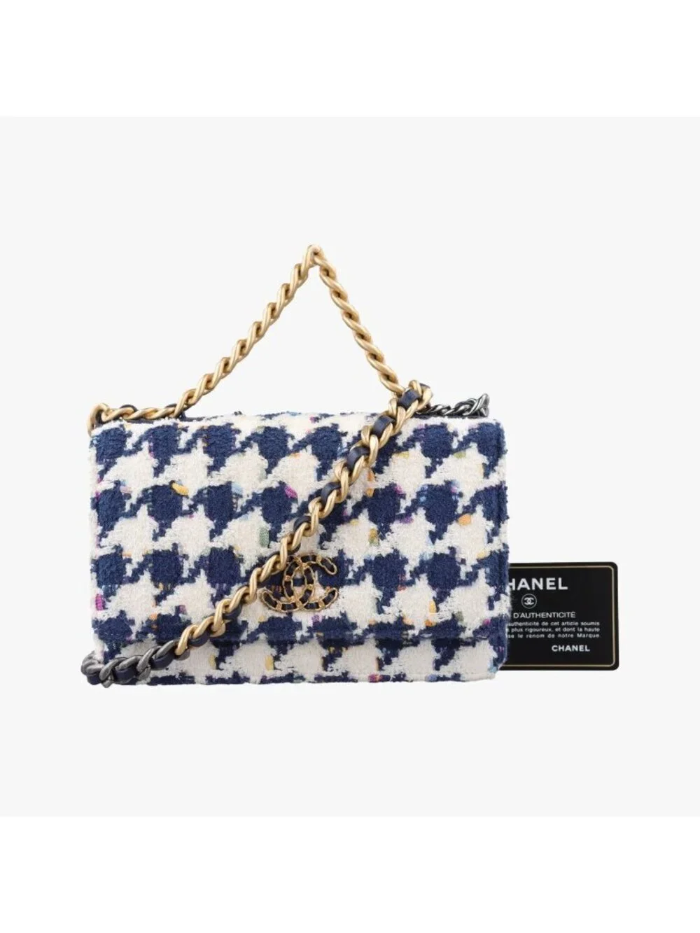 Chanel 19 Flap Bag Houndstooth White Navy Fabric